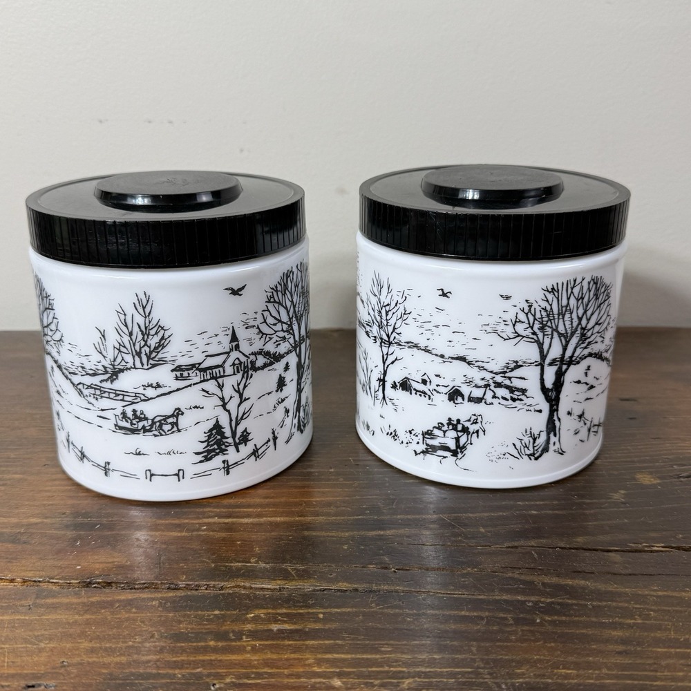Set 2 Vintage Maxwell House White Milk Glass Coffee Canister Winter Scenes‎ 5"